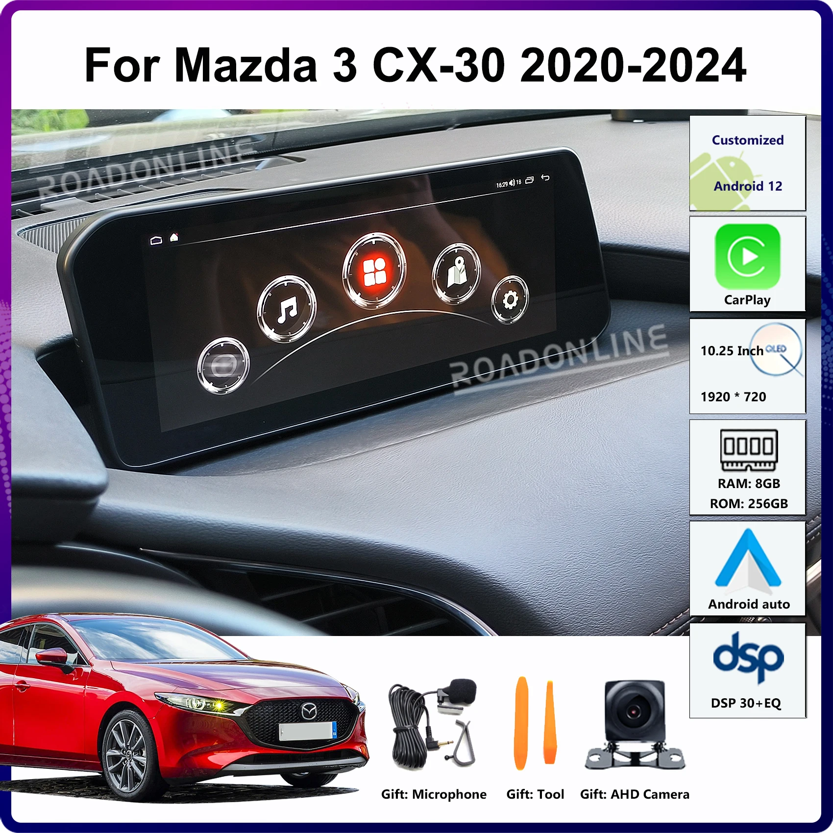 10.25” Android 12 For Mazda 3 Mazda3 CX-30 2020-2024 1920*720 Car Multimedia Player GPS Stereo Radio Receiver Head Unit CarPlay