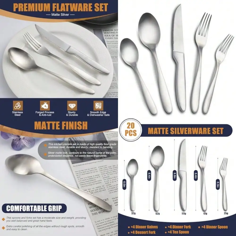 20 Pieces Silverware Set, Stainless Steel Flatware Set For 4, Matte Satin Polished Cutlery Set Include Forks Spoons And Knives, Dishwasher Utensils Set For Home Restaurant