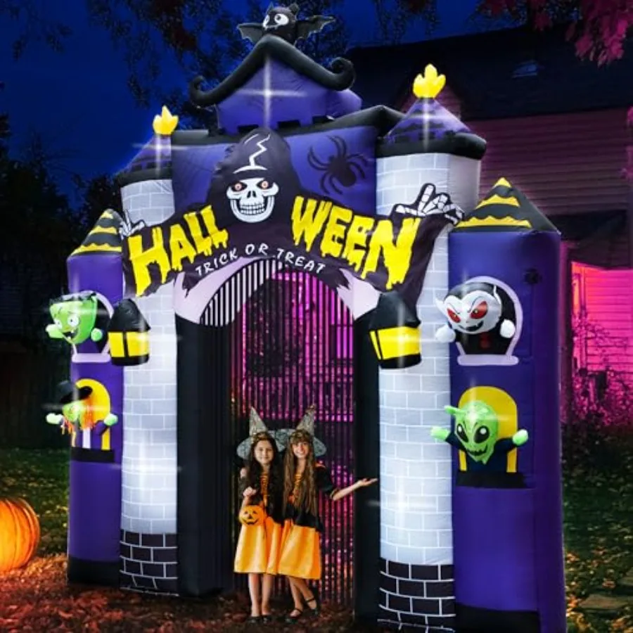 Halloween Opblaasbaar 2023 Kasteel 11.5FT met Deur LED Verlichting Spookhuis Boog voor Halloween Decoraties Outdoor Blow up Y