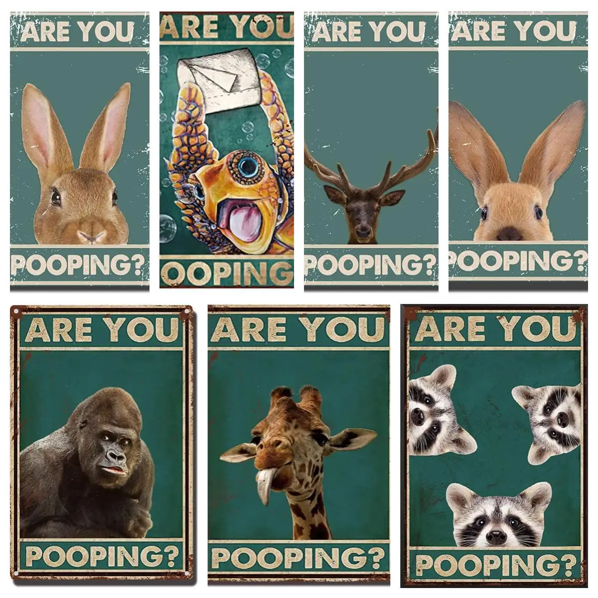 

Are You Pooping Series, Bathroom, Toilet, And Home Wall Decoration. Vintage Art Fun Metal Rabbit, Ape, Raccoon, Deer,Turtle Sign