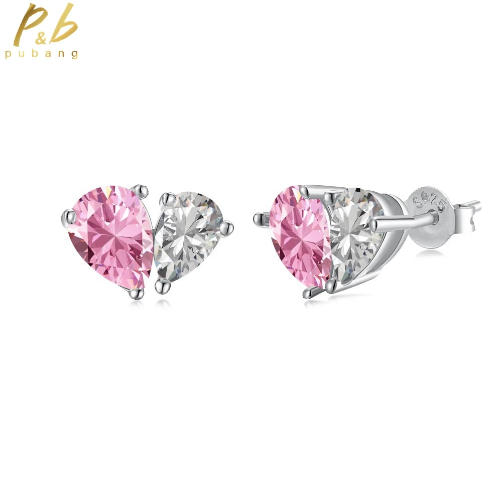 

PuBang Fine Jewelry Luxury Pink Gem Stud Earrings 925 Sterling Silver Created Moissanite for Women Engagement Gift Free Shipping