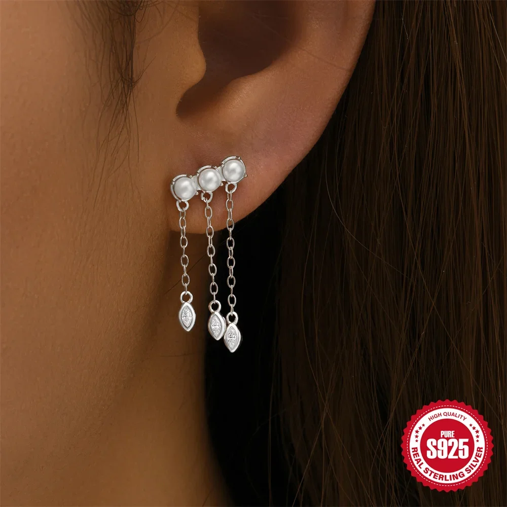 KO 925 Sterling Silver Large Pearl Zircon Tassel Chain Earrings Women Fashionable Luxury Daily Matching Earring Fine Jewelry