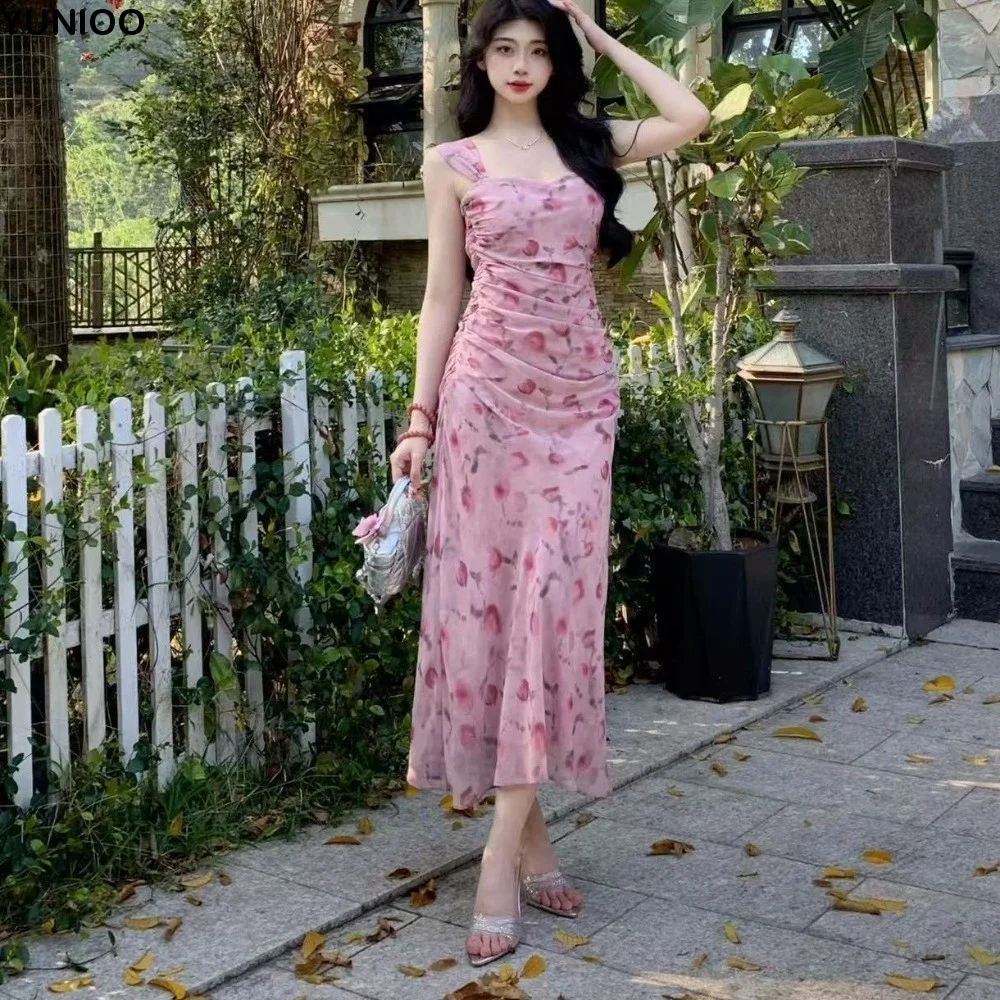 

Slim Fit Floral Slim Long Dress Sleeveless Flower Women Long Skirt Spicy Girl Temperament Korean Camisole Dress Travel