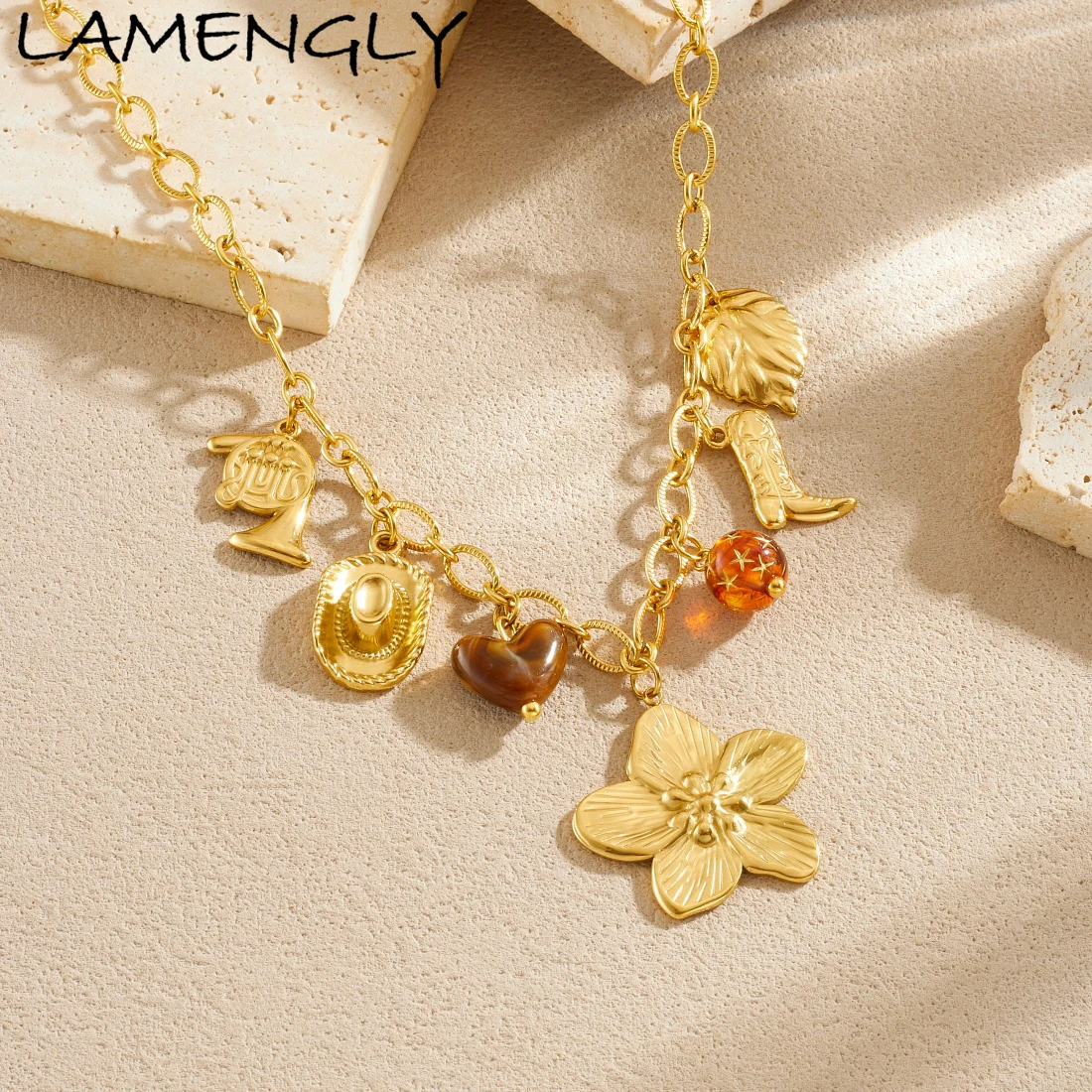 LAMENGLY 316L الفولاذ المقاوم للصدأ الجدة تصميم القرن الفرنسي قبعة رعاة البقر الأحذية زهرة قلادة قلادة سيدة الساحرة مجوهرات هدايا #1