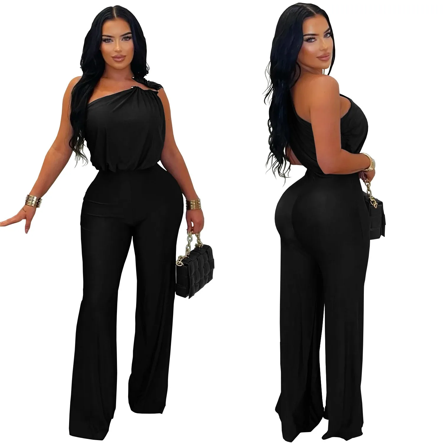 Sexy Nightclub Party Dance Gathering Club Banquet Solid Color Casual Off-Shoulder Sleeveless Bodycon Wide-Leg Jumpsuit