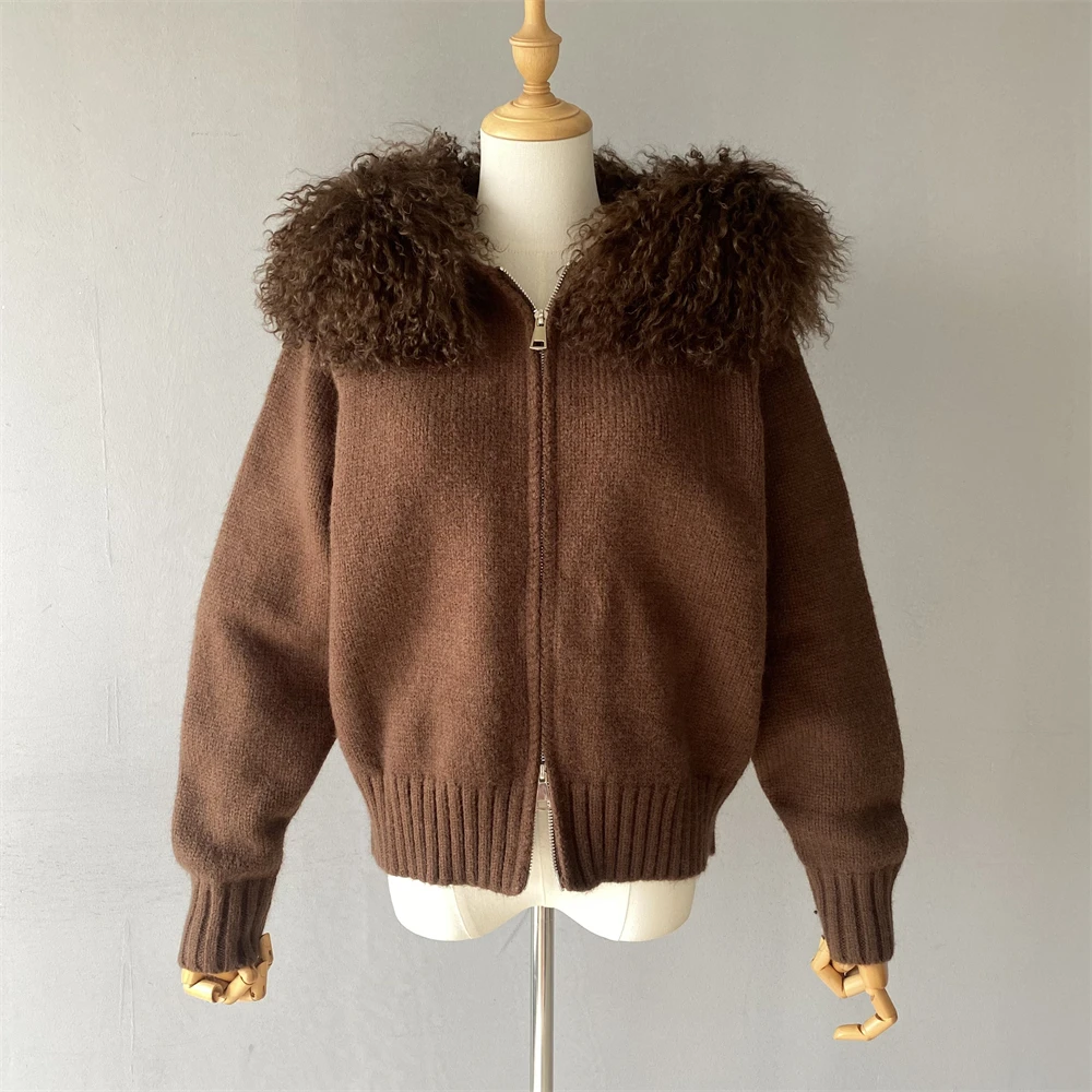 Jaxmonoy المرأة سترة مع الفراء الحقيقي السيدات الخريف موضة مقنعين سترة مشغولة من الصوف كبير المنغولية الأغنام الفراء طوق سترة 2025 جديد