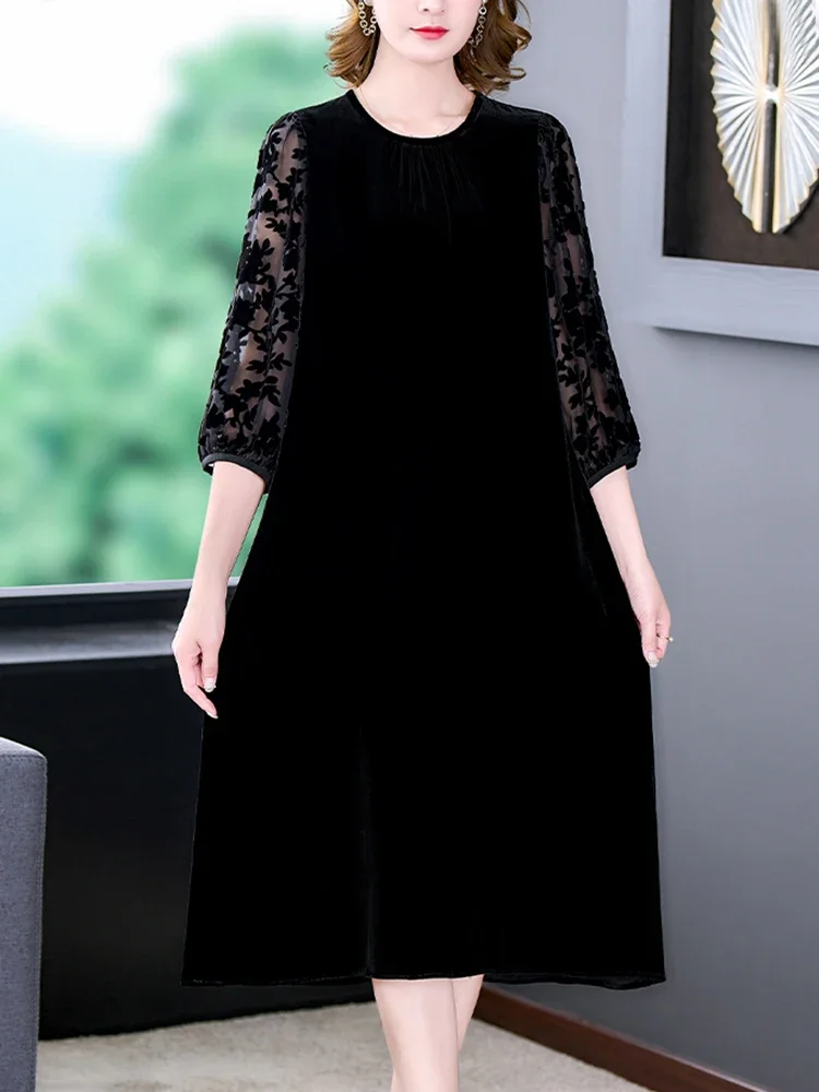 Autumn Winter Black Velvet Chic Hook Flower Hollow Sexy Midi Dress Women Solid Elegant Bodycon Dress 2024 Korean Vintage Dresses