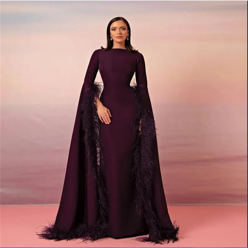 

Customized Dark Purple Mermaid Elegant Half-Sleeve Prom Dresses Feathers Vestidos De Noche Floor-Length Formal Evening Dresses