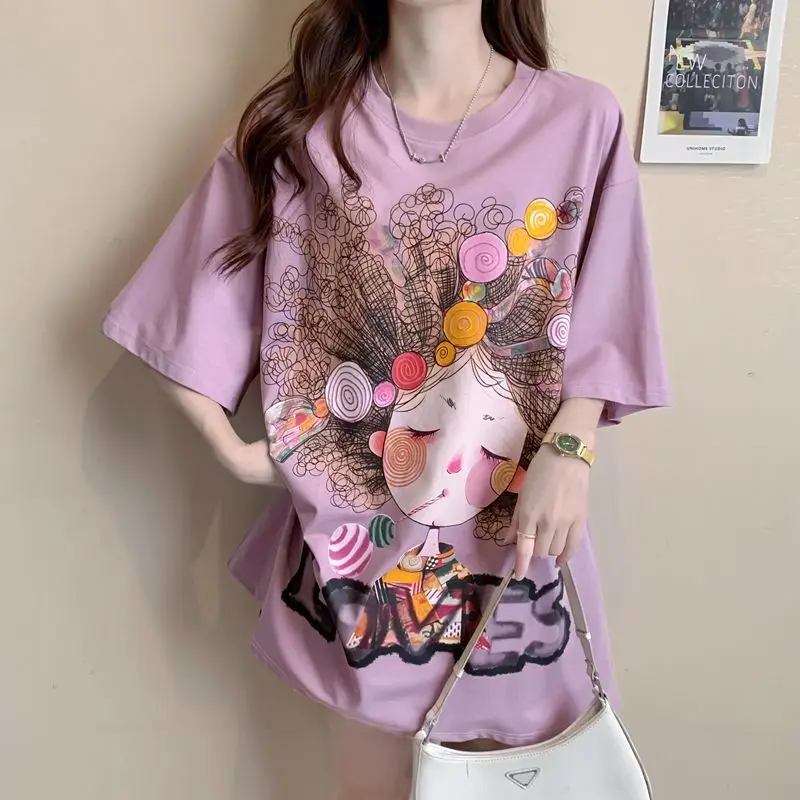 

Pure Cotton Short Sleeved T-shirt for Women's Summer 2024 Hot Selling Loose Oversized Casual Versatile Large Medium Length Top