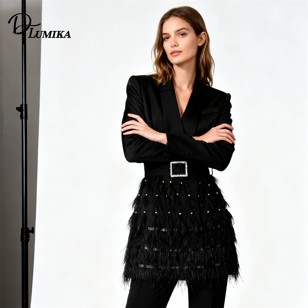 

DTLumika Beaded Feathers Suit Dress for Women, Long Sleeved Wait Slimming Suit Jacket 2026 Actual Photo Suit Blazer with Belt