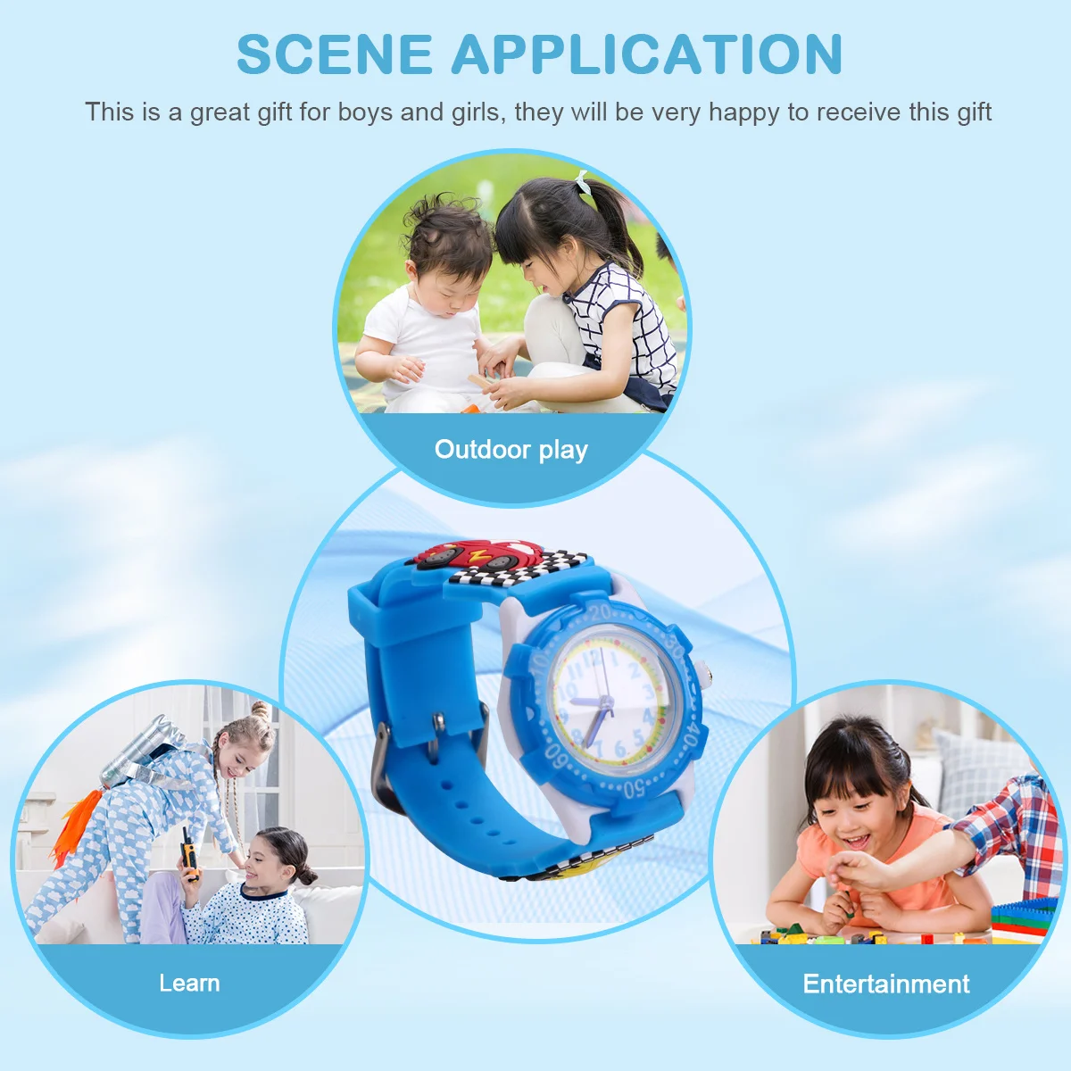 Cartoon 3D Watch Blue Car Pattern Waterproof Wristwatch Lightweight Comfortable Gift 3D Watch