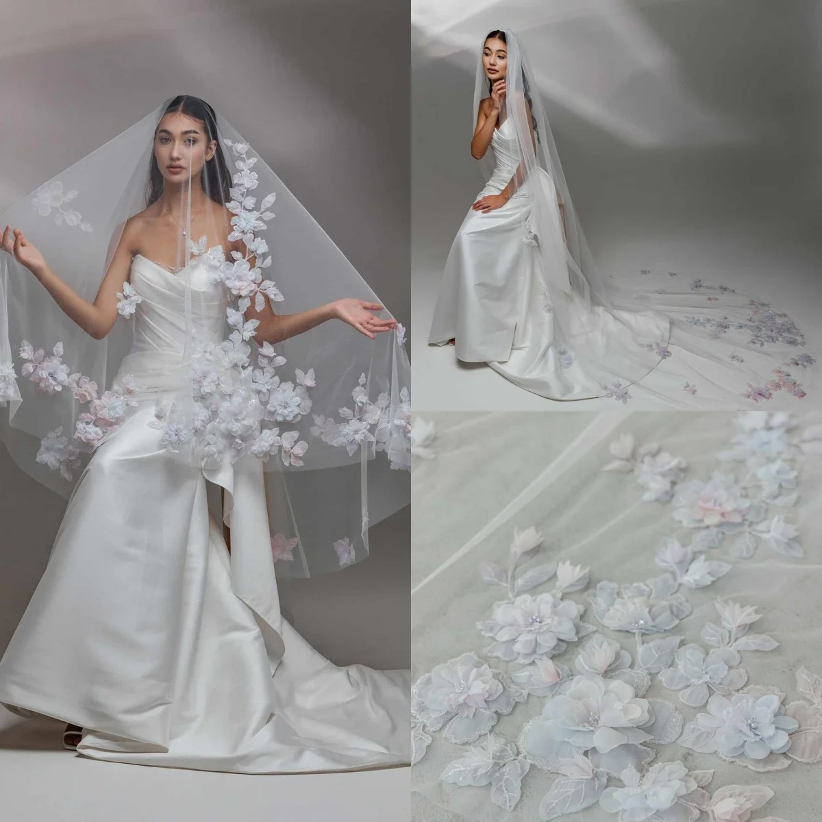 

Elegant One Layer Floral Appliques Wedding Veils 3D Flowers Cathedral Length Bridal Veils Wedding Accessories