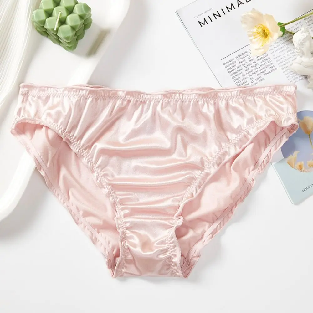 Fashion Low Waist Satin Silk Panties Solid Color Thin Ruffles Briefs Underwear Underpants Women's Panties Girl