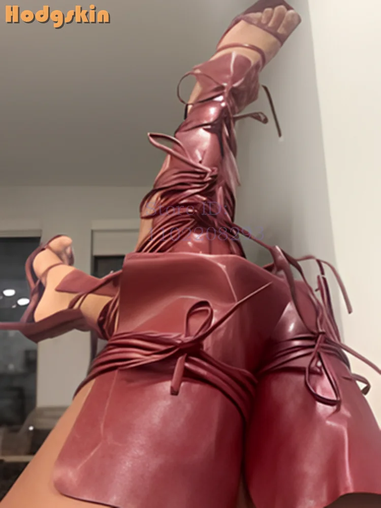 

Sexy Wine Red Cross-tied High Heels Sandals Fashion Square Toe Lace-up Summer Knee-high Boots Stiletto Women Shoes 2026 New