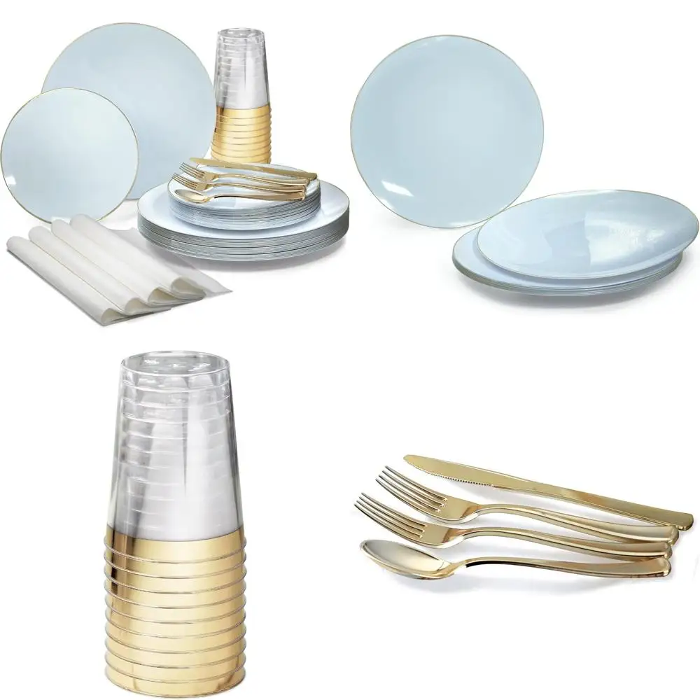 

Набор одноразовых пластиковых тарелок для вечеринок для 25 гостей свадьбы: тарелки 10,25 и 7,5, серебро, чашки, салфетки