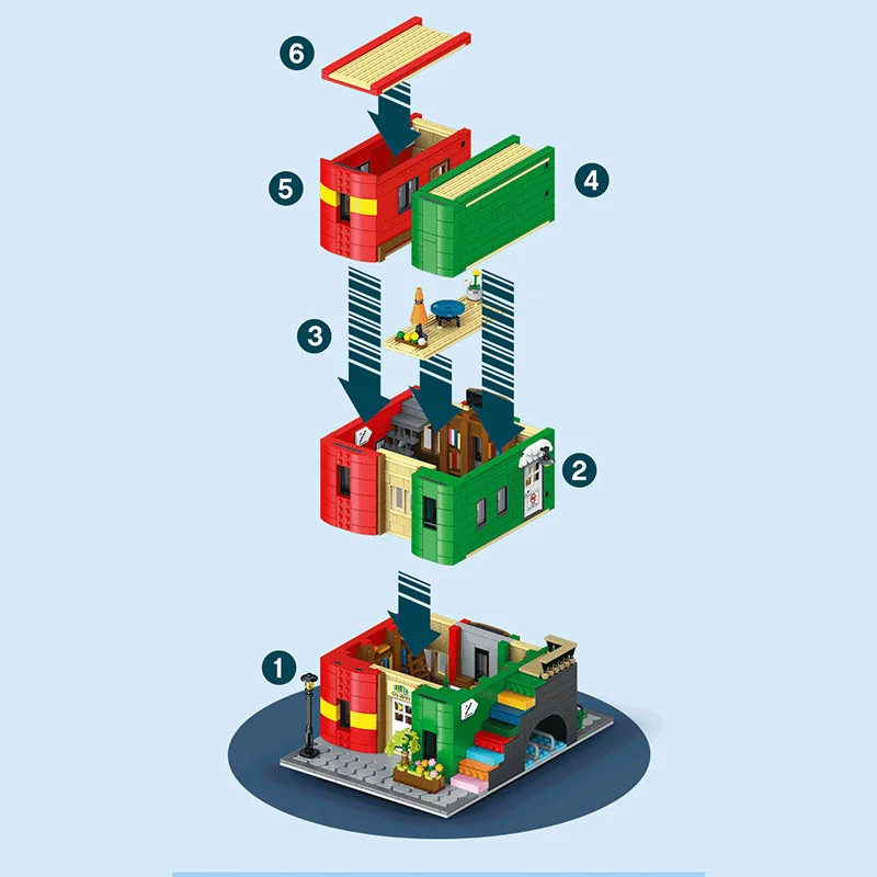 Blocs de construction de bibliothèque de villes créatives, modèle MOC, ornement de bureau modulaire, vue sur la rue, jouet d'architecture, cadeaux pour adultes