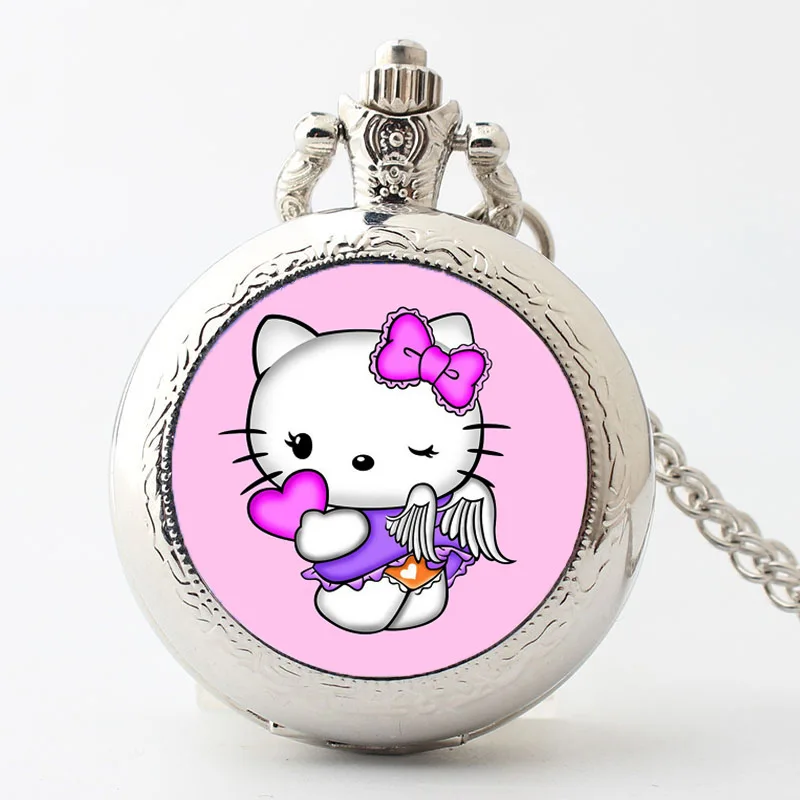 Hello Kitty Pocket Watch Sanrio Cartoon Necklace Watch Hanging Neck Open The Clock Turning Men and Women Cute Simple Jewelry