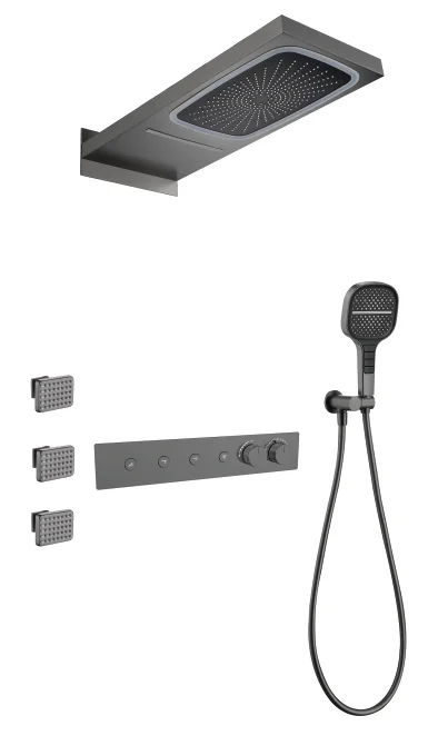 النحاس 4 وظيفة درجة حرارة ثابتة زر دش مخفي مجموعة LED مربع شلال المطر دش أعلى رذاذ