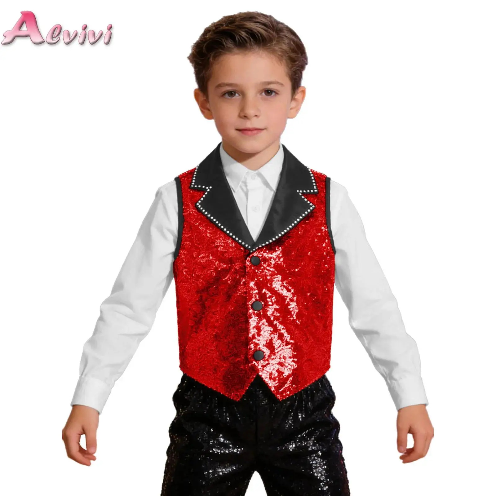 

Kids Boys Girls Sparkling Sequin Vest Contrasting Lapel Collar Sleeveless Asymmetrical Hem Waistcoat Jazz Stage Performance Tops