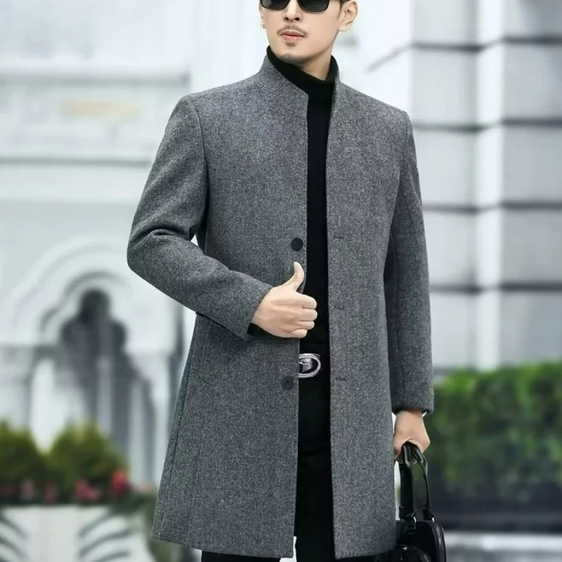 

Роскошное длинное шерстяное пальто, мужское зимнее теплое офисное шерстяное пальто, новинка 2025 года, однобортный дизайн, легкий шерстяной плащ