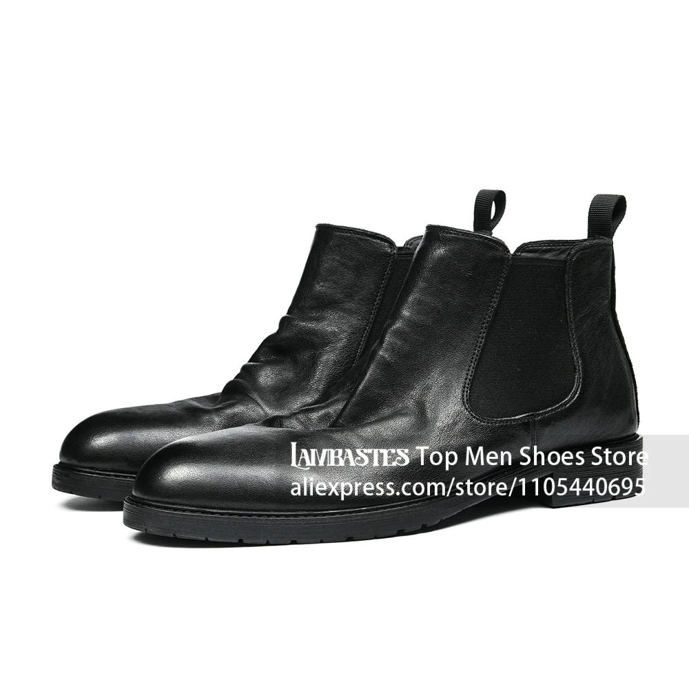 Washed Horsehide Chelsea Boots for Men Elastic Side Panel Pull On Casual Ankle Boots Luxury Genuine Leather Handmade Dress Boots