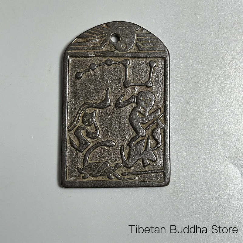 Antique-style black-painted bronze plaque with aged patina, Lingying Zhenwu talisman pendant, brass distressed square waist plaq