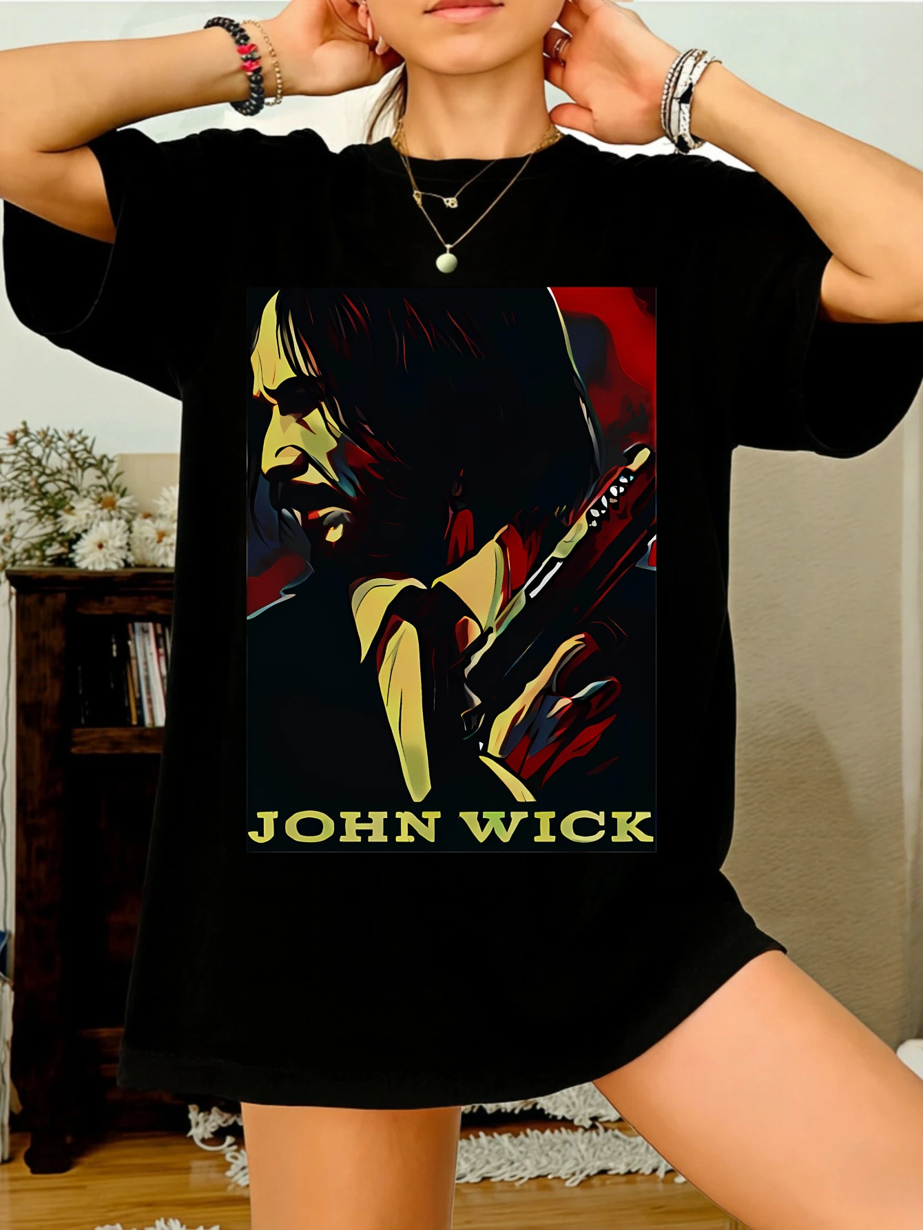 

Womens John Wick Printed Cotton Oversized Short Sleeve Casual Summer Graphic Streetwear T Shirt for Her Gift