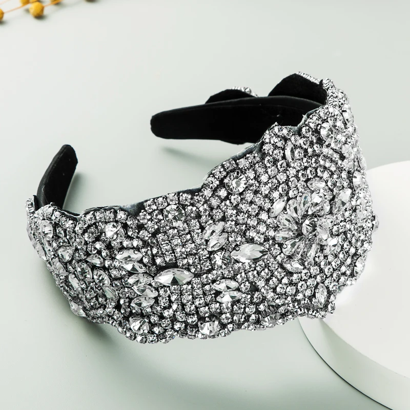 New Oversized and Exaggerated Starry Colorful Rhinestones With Wide Brimmed Hair Bands and Mesh Red Fabric Personalized Headwear