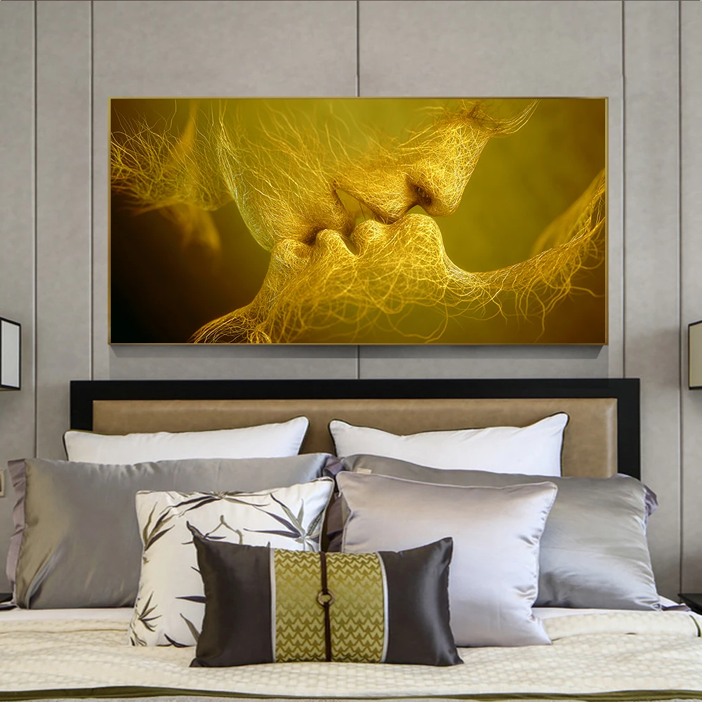 Golden And Black Love Kiss Oil Painting on Canvas Posters and Prints Cuadros Wall Art Pictures For Home Bedroom Living Room
