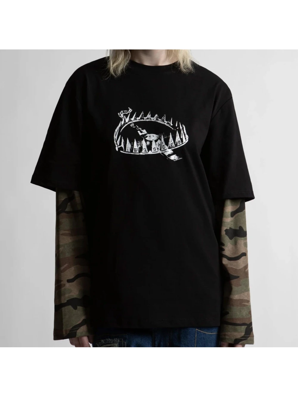2026 New Beast Catcher Printed Fake Two piece Camouflage Splicing Long sleeved Top Street Trendy Subculture Casual Top Unisex