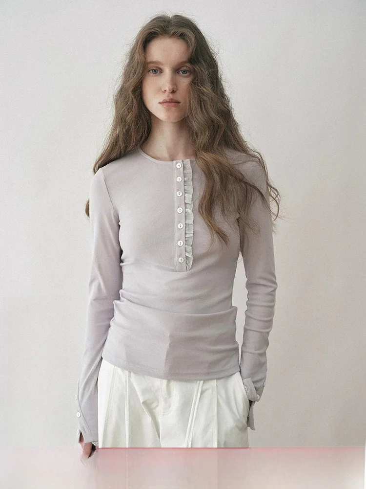 Slim Fit Long Sleeve T-Shirt Cotton Feel Women's Inner Wear Casual Style Spring Autumn Popchrio White Color Block Base Shirt