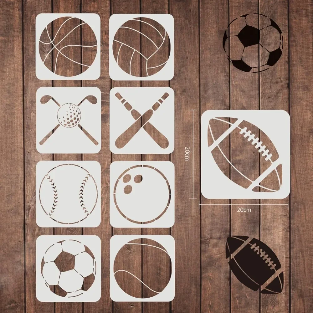 9Pcs Sports Ball Stencils (Basketball, Soccer, Bowling, Baseball, Rugby, Golf, Volleyball) 7.9x7.9 inch Mylar Template Paint