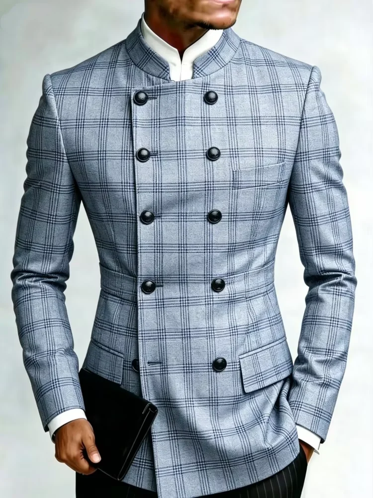 Mens Light Blue Windowpane Check Mandarin Collar Double Breasted Slim Fit Blazer For Office Daily Formal Wear