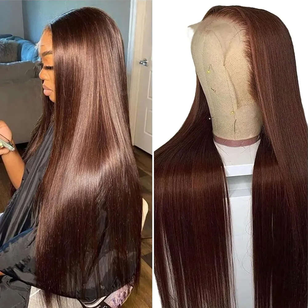 Brown Straight 13x6 Hd Lace Front Human Hair Wigs For Women Glueless #4 Chocolate Brown 360 13x4 HD Lace Frontal Wigs Human Hair