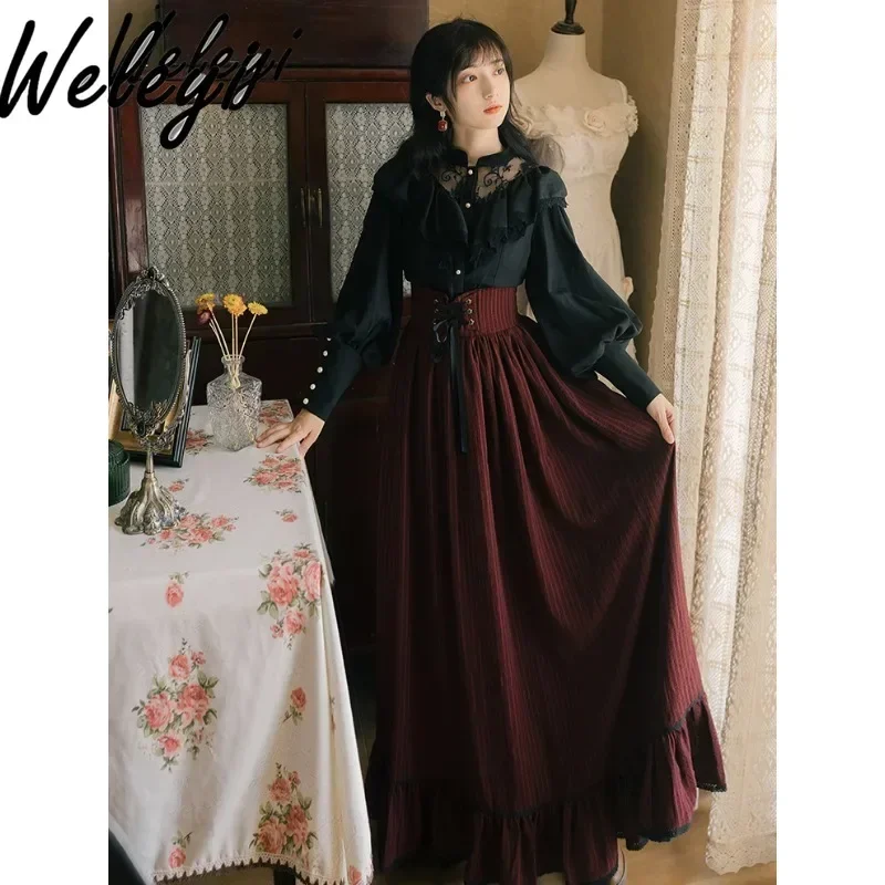 Court Style Vintage Long Sleeve Lace Stitching Ruffled Black Shirts Lolita Wine Red Striped Lace-up Long Skirts Two-piece Set