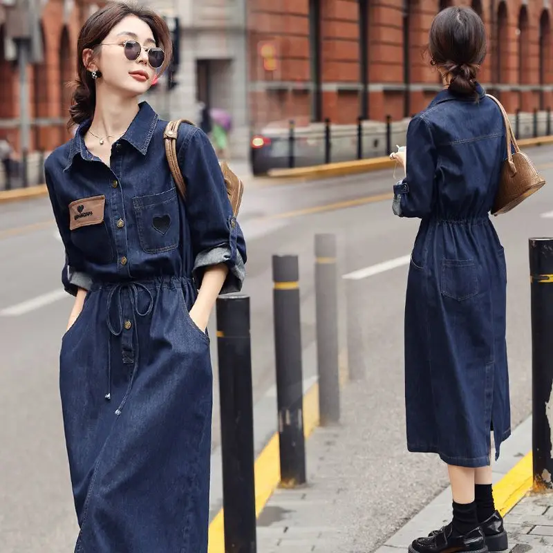 

Long Dress Women Denim Dresses Vestidos Y2k Streetwear Full Sleeve Tight Waist Elegant Splice Party Night Slim Fit Autumn Winter