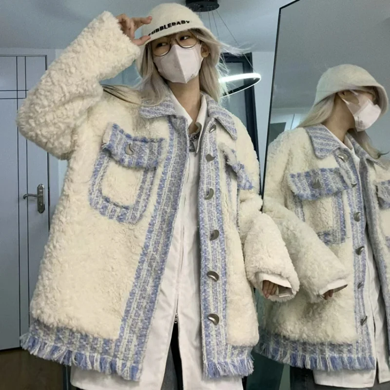 

2023 Tops New Preppy Cotton Thickened Winter Ladies Slouchy Vintage Little Fragrance Collage Loose Lamb Fur Totton Hick Coat