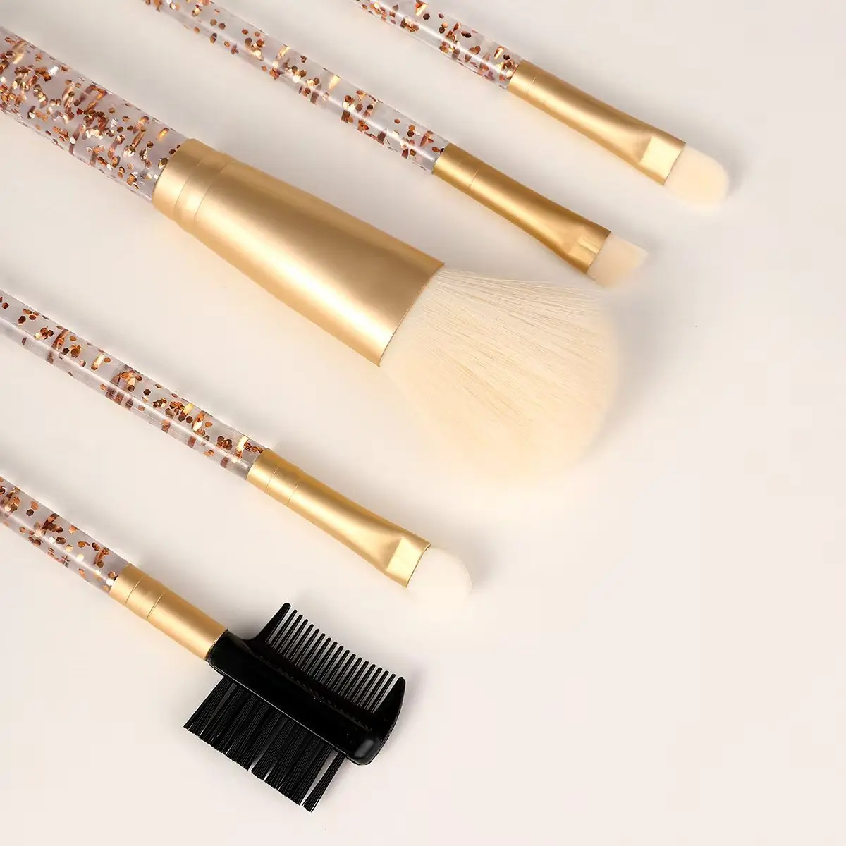 Conjunto de pincéis de maquiagem de cerdas macias, 5 peças com alças de cristal-pó portátil, sombra e pincéis de sobrancelha, kit cosmético de viagem