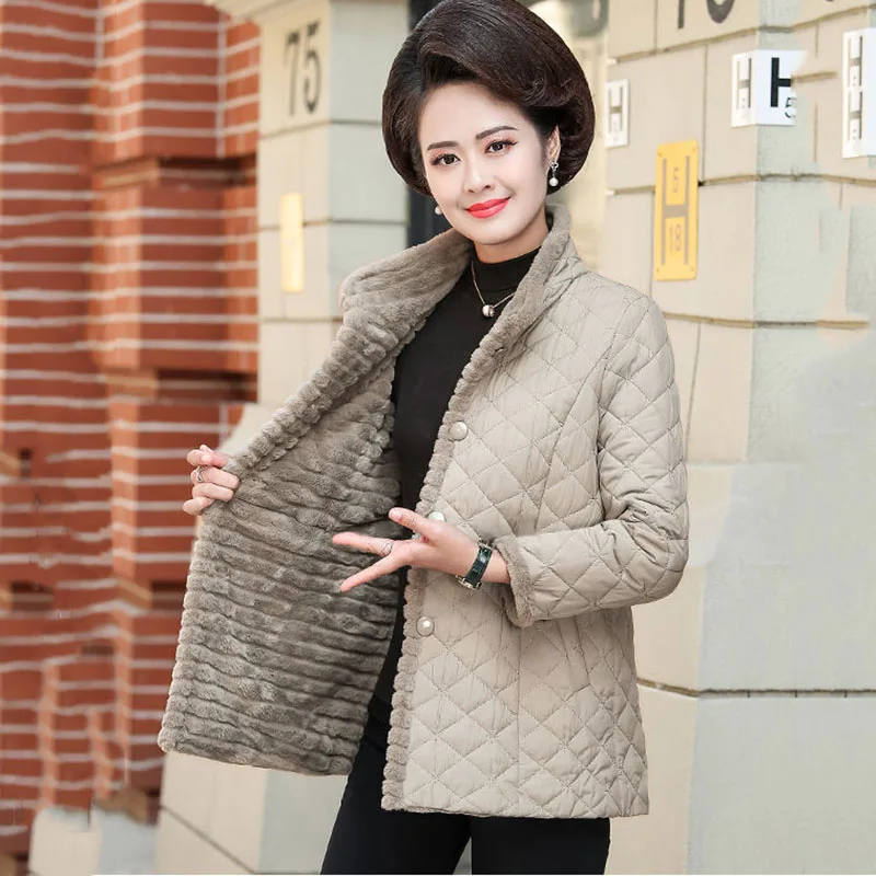 

NEW Middle Aged Womens Fleece Quilted Jacket Winter Warm Outerwear Noble Female Casual Down Cotton Coat Windproof Overcoat 5XL