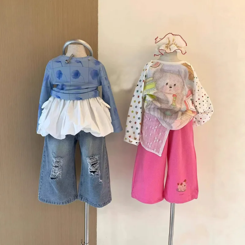 2026Spring children's long-sleeve clothingTTrendy girls' loose-fitting shirt with bear printtCasual straight-leg pants girls' ou