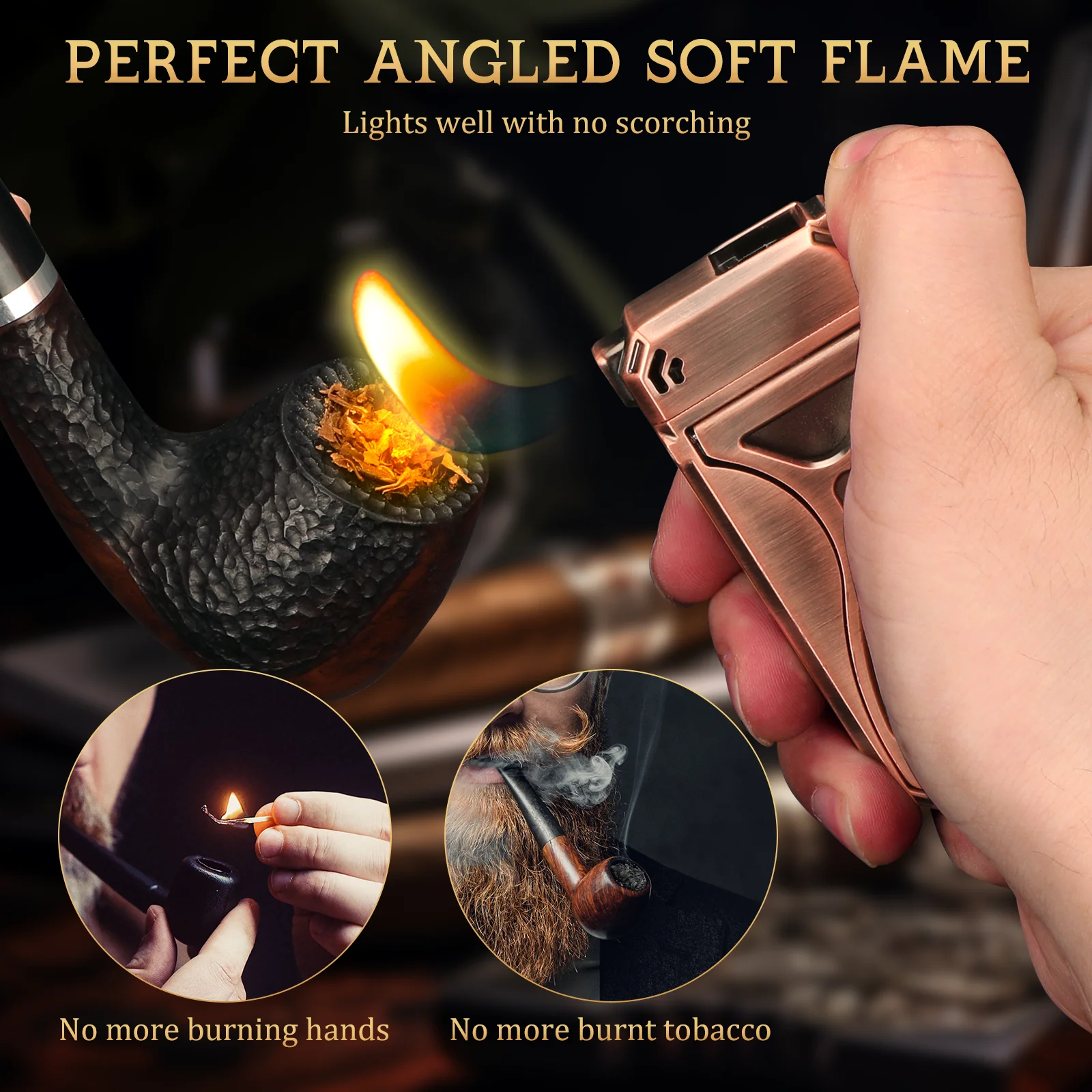 Multifunctional Pipe Lighter, Built-in Pipe Stand, 3 in 1 Cleaner Tools, Refillable Butane Lighter with Angled Soft Flame