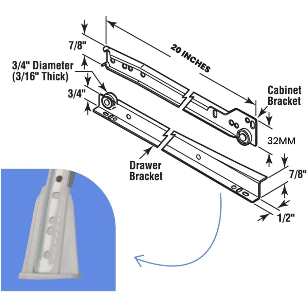 شرائح أوروبية شديدة التحمل بسعة 75 رطل، 20 بوصة، عبوة من 8 قطع، مناسبة لإطار الوجه والخزائن بدون إطار، لفة باردة مطلية بالمسحوق