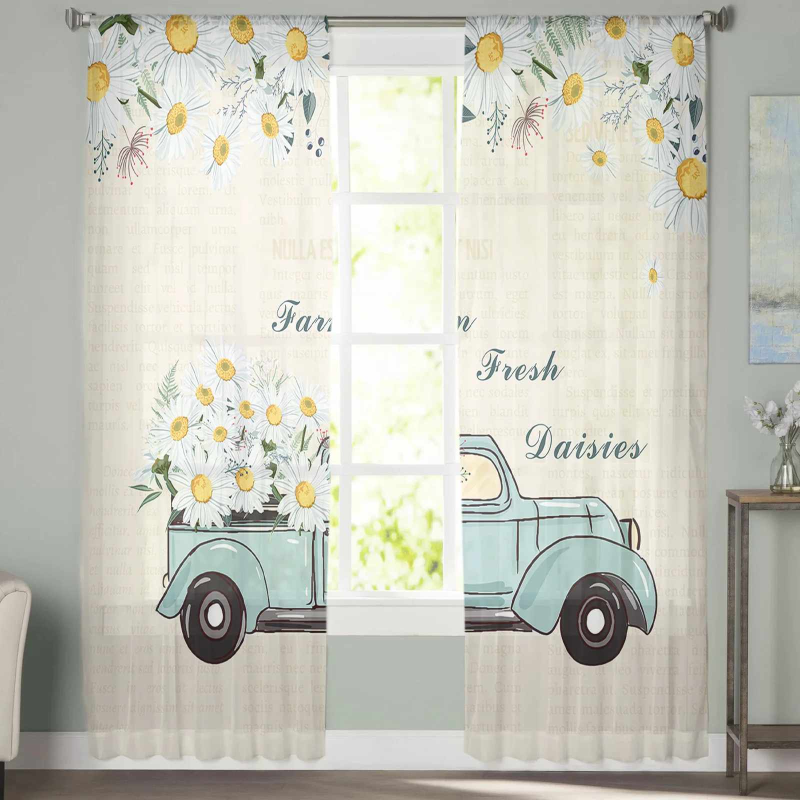 Rural Wind Retro Daisy Truck Farm Fresh Daisies Sheer Curtains for Living Room Bedroom Window Treatment Kitchen Chiffon Curtain