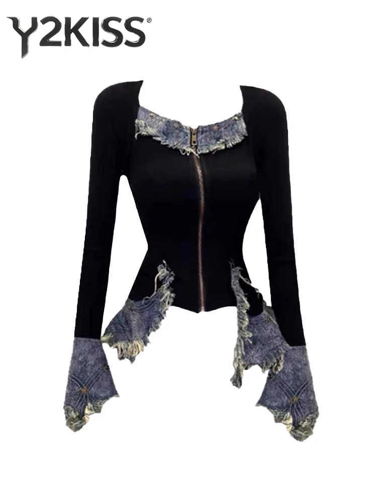 

Women's Gothic Crop Top Gyaru Coquette Long Sleeve Denim Patchwork T-Shirts Tide Grunge Japanese Y2k Dark Academia Cyber Punk