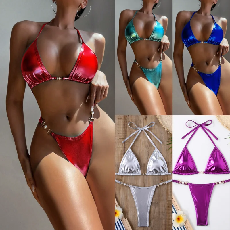 

Women's Sexy Bikini Suit Strap Halter Swimsuit Pu Bright Swimwear Low Waist Push Up Thong Bathing Suit Summer Swimming Suit
