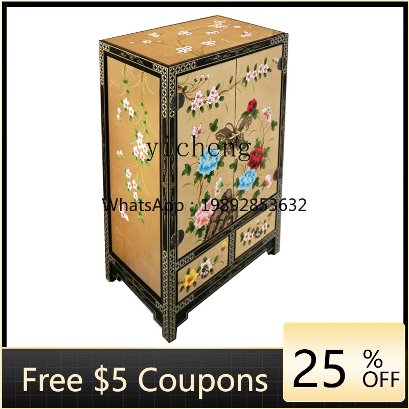 

N2 1Hand-Painted Gold Foil Entrance Shoe Cabinet Living Room Storage Entrance Cabinet Painted Storage Cabinet