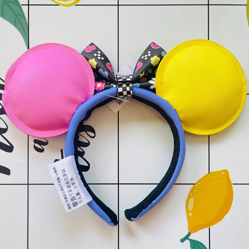 2024 New Disney Mickey Ear Embroidered Smiling Face Leather Headband Disneyland Hair Band Minnie Mouse Hair Accessories Bag