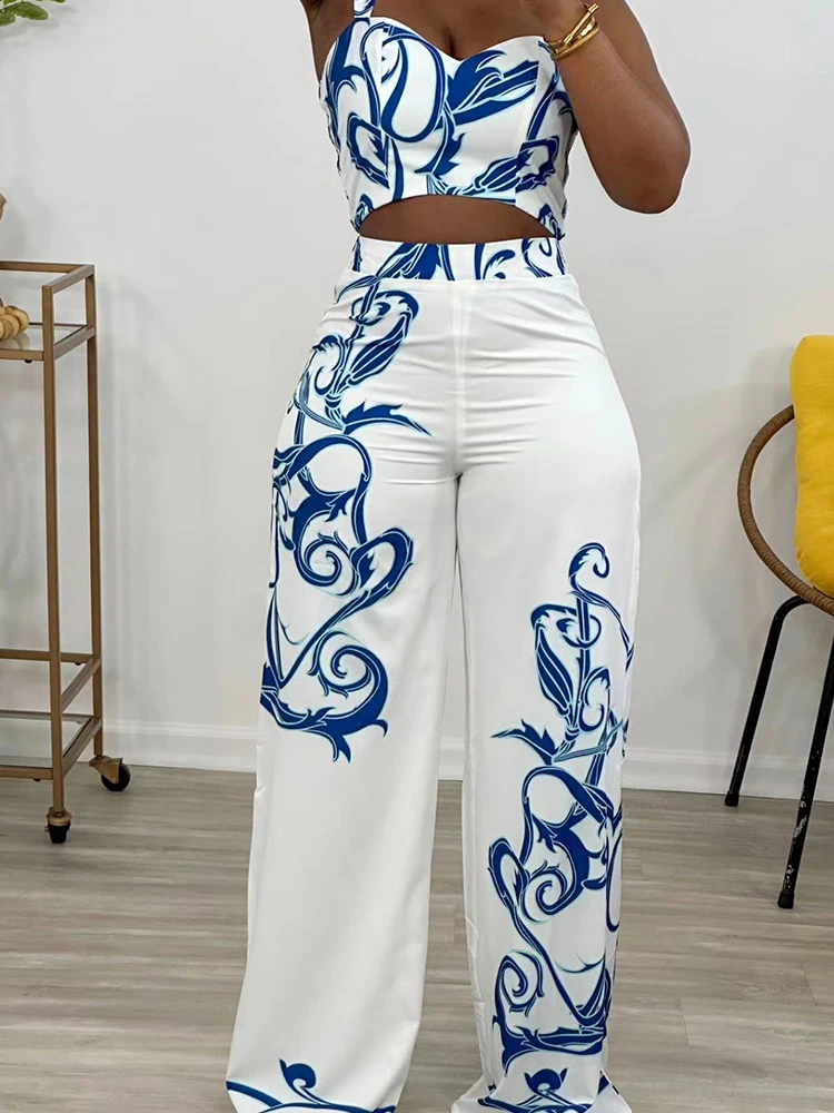 Zomer 2 Delige Sets Dames Outfit Streetwear Elegant Strapless Vest En Broek Met Vintage Print Casual En Sexy Broek Sets