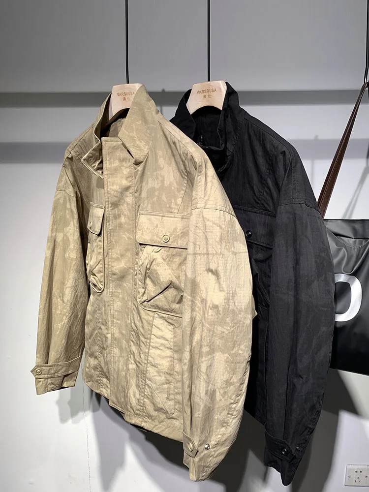 

VARSRUSA Trendy Brand Waed Casual Loose Workwear Jaet Men Spring Flip Cover Large ket Leisure Standing Collar Coat