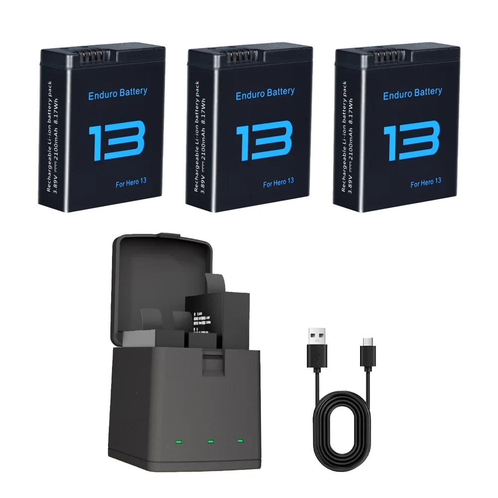 For GoPro Hero 13 Motion Camera Battery 2100mAh Li-ion Battery 3-Slots Charger Box for GoPro Hero13 Sport Camera Accessories